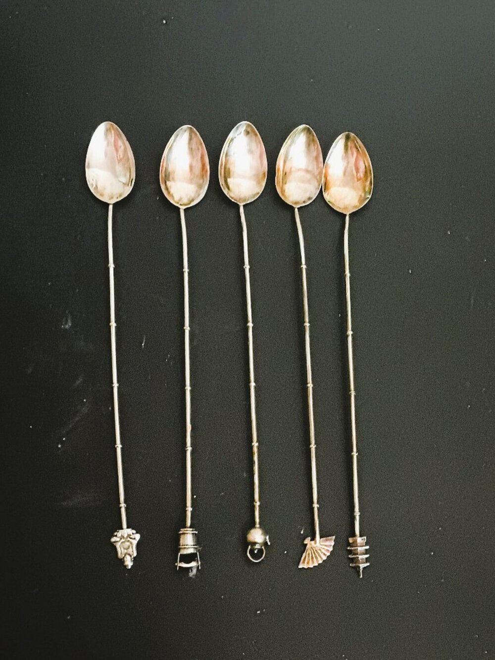 950 Set Of 5 Bamboo Ice Tea Spoons Antique Asian Sterling Silver